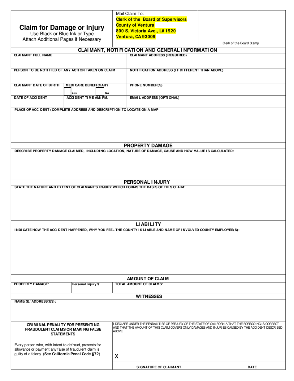 Form RM-91 Claim for Damage or Injury - County of Ventura, California, Page 3