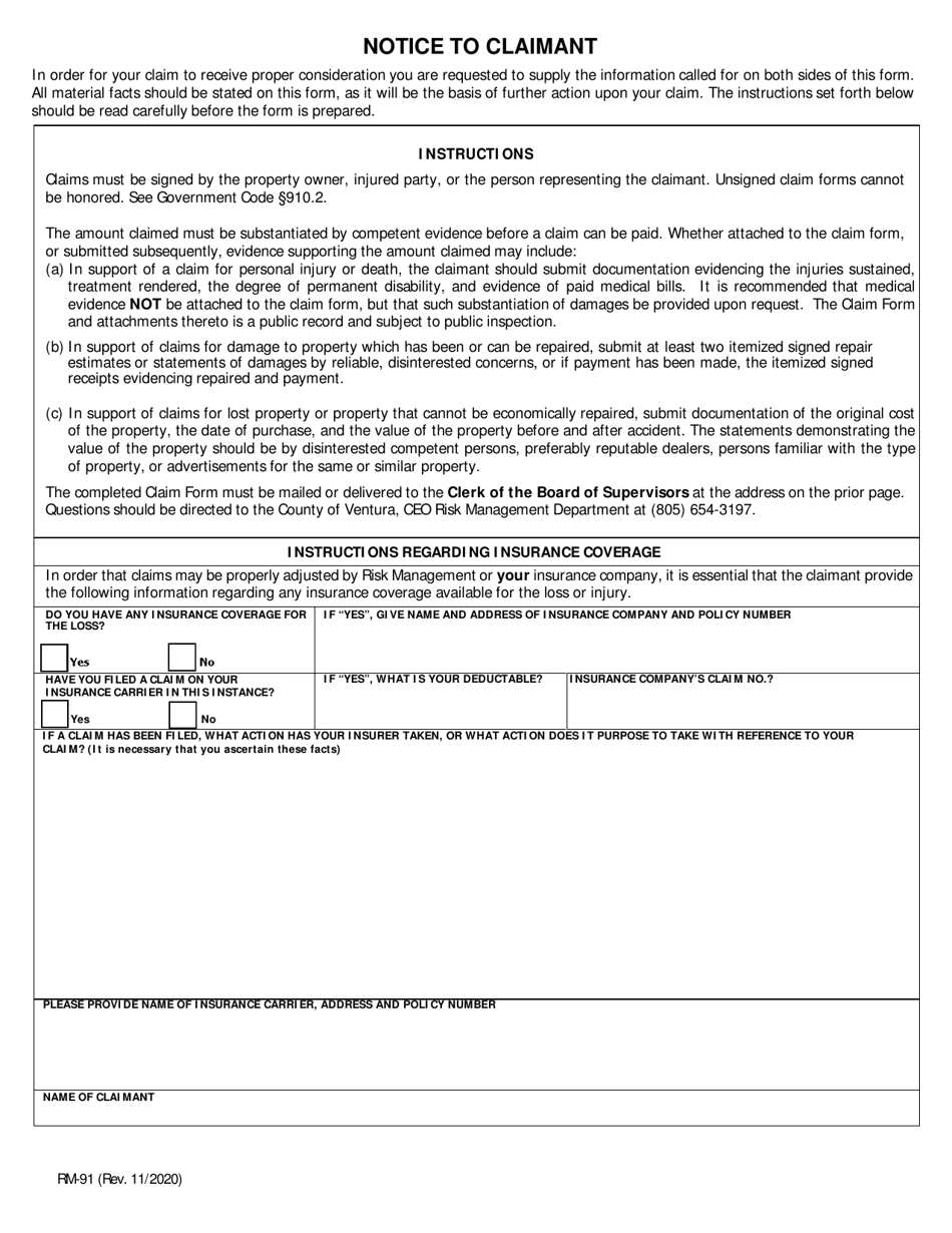 Form RM-91 Claim for Damage or Injury - County of Ventura, California, Page 4