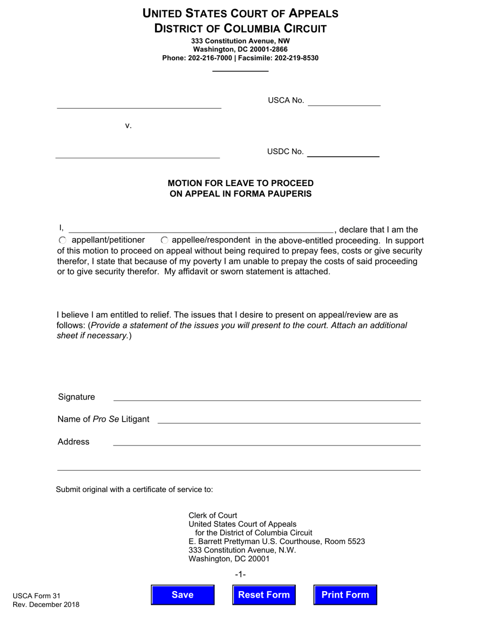 USCA Form 31 Motion for Leave to Proceed on Appeal in Forma Pauperis - Washington, D.C., Page 1