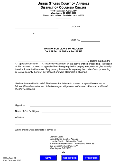USCA Form 31  Printable Pdf