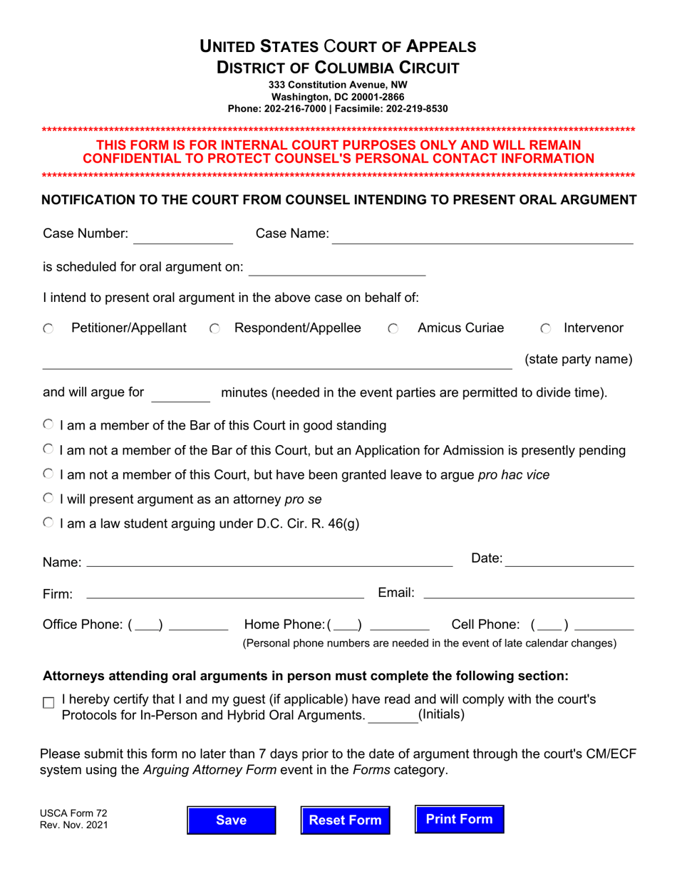 USCA Form 72 Notification to the Court From Counsel Intending to Present Oral Argument - Washington, D.C., Page 1