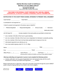Document preview: USCA Form 72 Notification to the Court From Counsel Intending to Present Oral Argument - Washington, D.C.