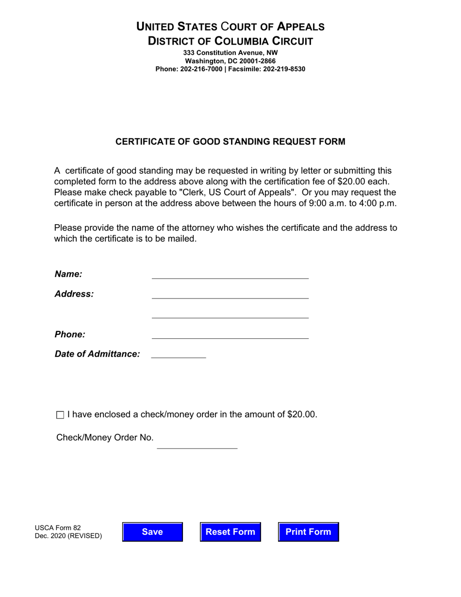 USCA Form 82 Certificate of Good Standing Request Form - Washington, D.C., Page 1