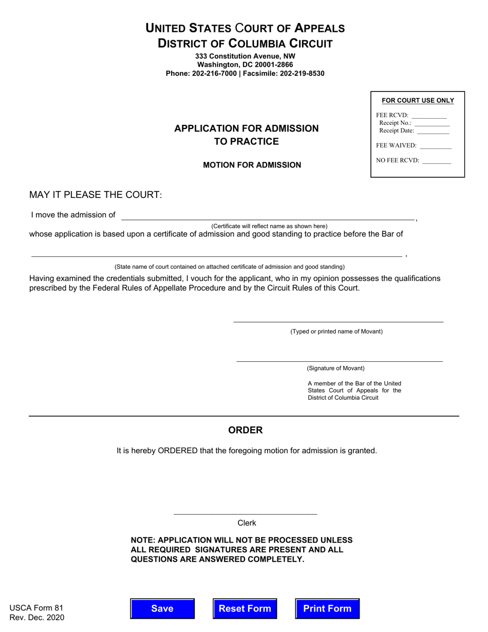 USCA Form 81 Application for Admission to Practice - Washington, D.C., Page 1