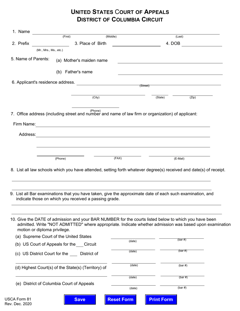 USCA Form 81 Application for Admission to Practice - Washington, D.C., Page 2
