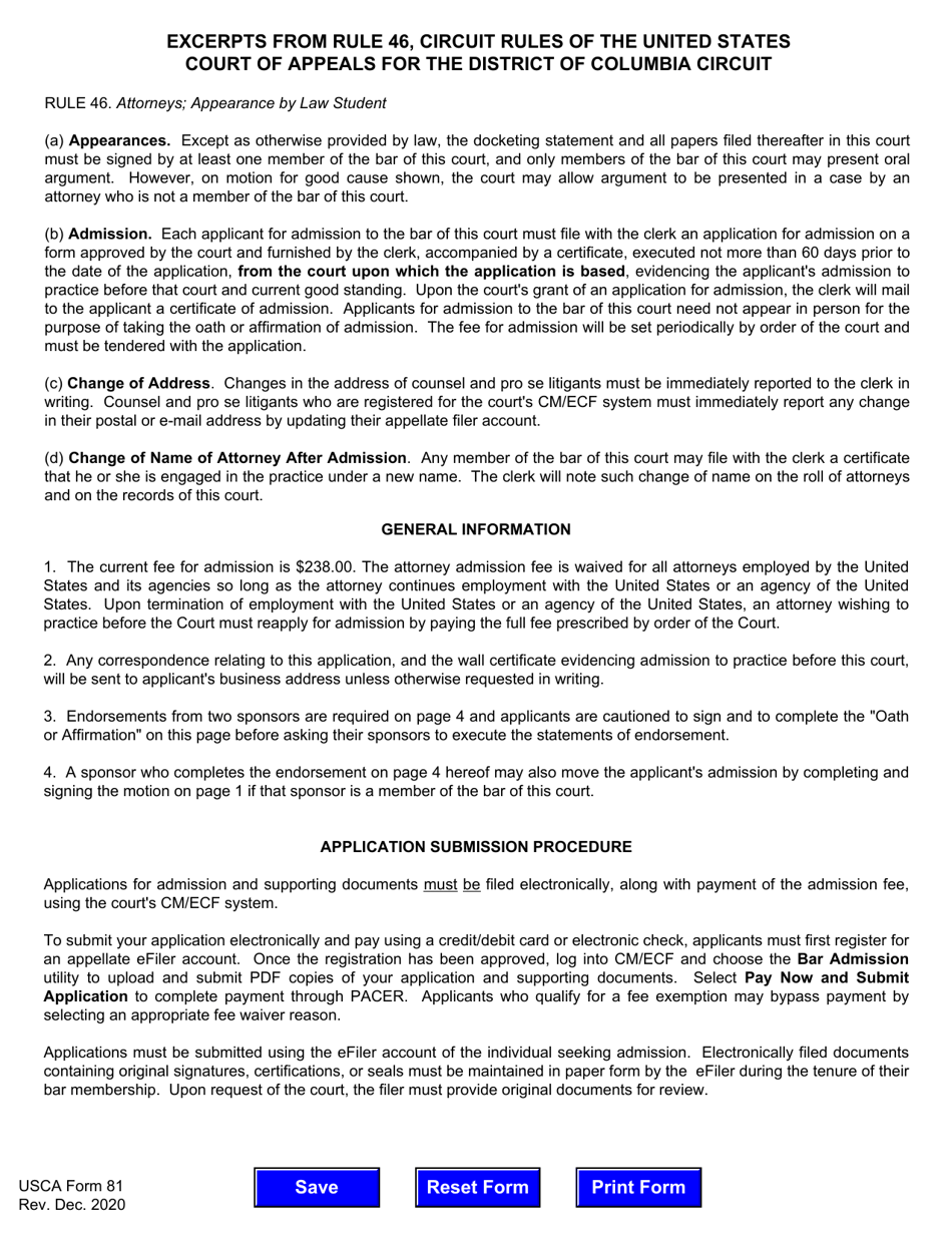 USCA Form 81 Application for Admission to Practice - Washington, D.C., Page 5