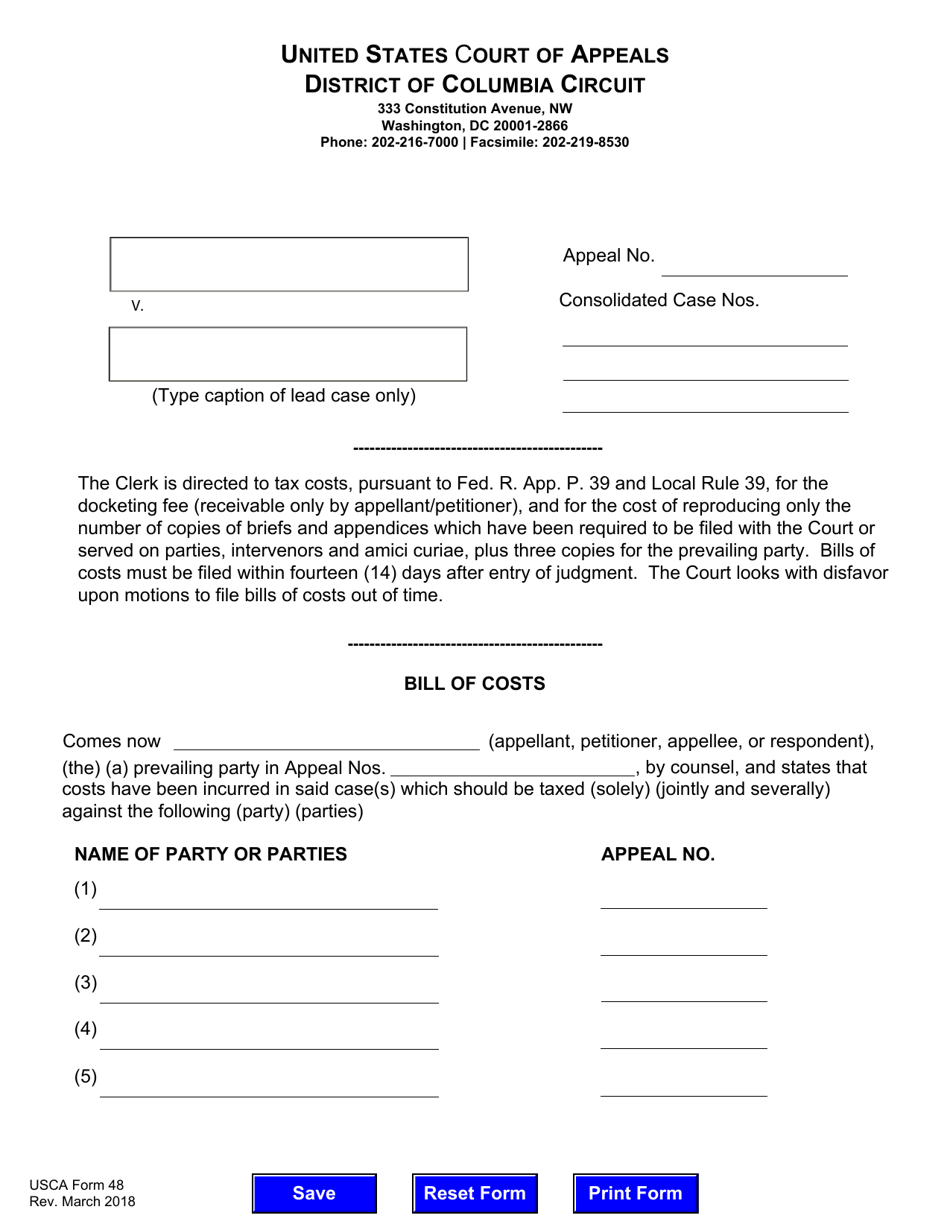 USCA Form 48 Bill of Costs - Washington, D.C., Page 1