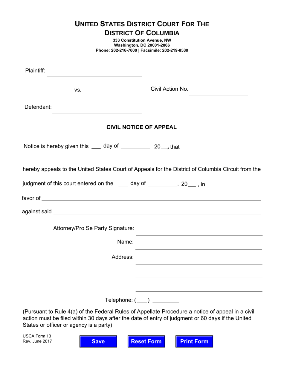 USCA Form 13 Civil Notice of Appeal - Washington, D.C., Page 1