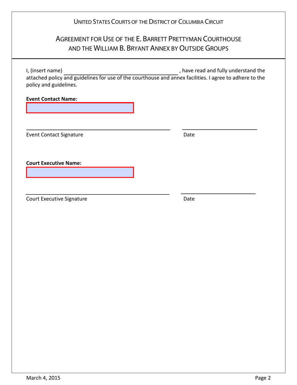 Agreement for Use of the E. Barrett Prettyman Courthouse and the William B. Bryant Annex by Outside Groups - Washington, D.C., Page 2