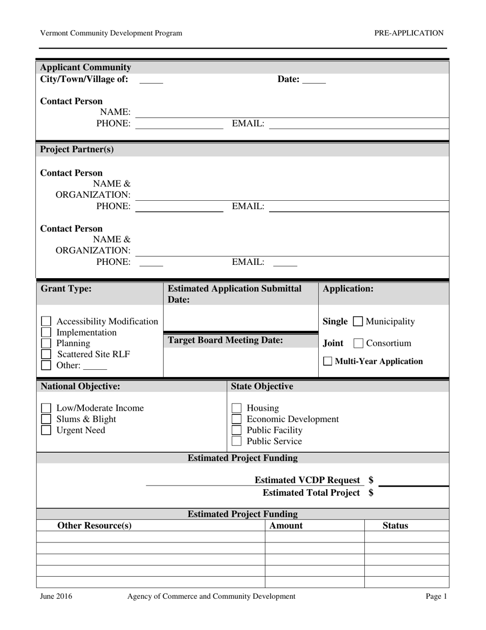 Vcdp Pre-application Form - Vermont, Page 1