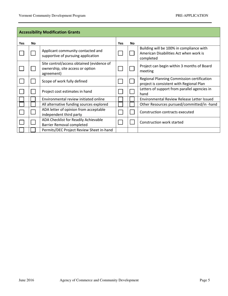 Vcdp Pre-application Form - Vermont, Page 5