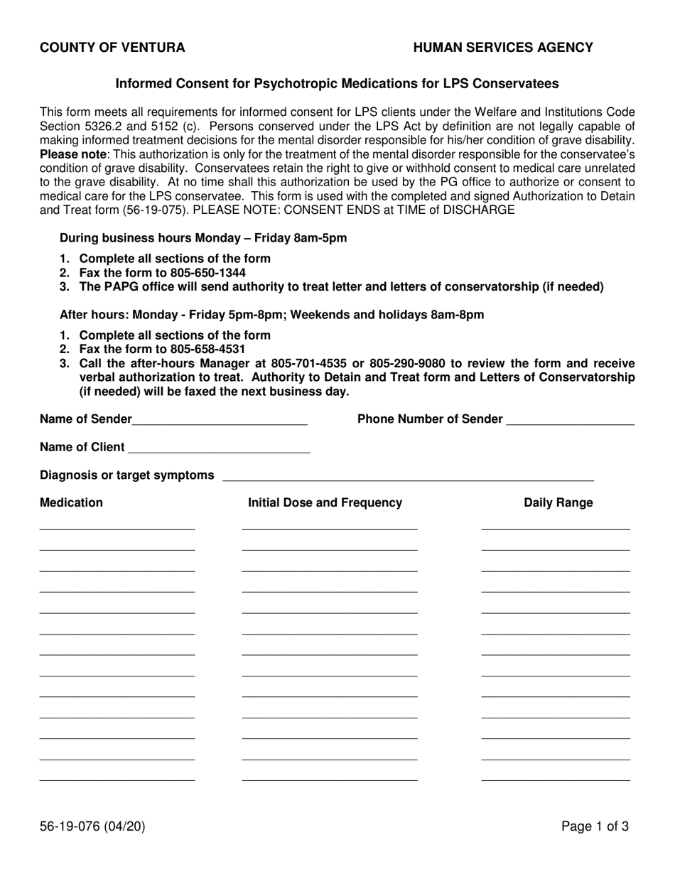 Form 56-19-076 Informed Consent for Psychotropic Medications for Lps Conservatees - County of Ventura, California, Page 1