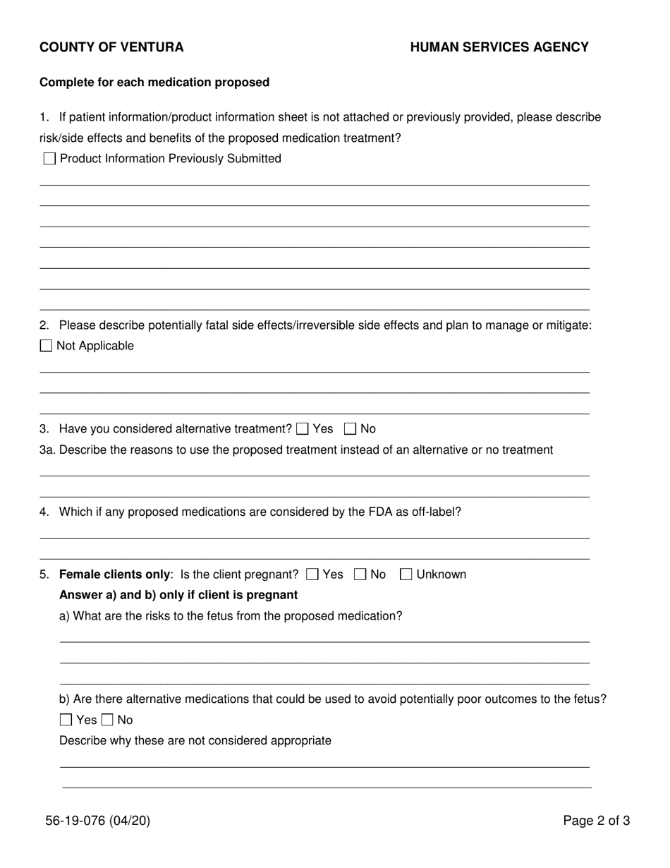 Form 56-19-076 Informed Consent for Psychotropic Medications for Lps Conservatees - County of Ventura, California, Page 2