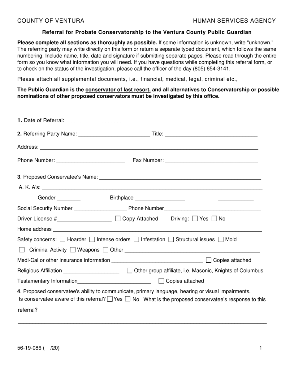 Form 56-19-086 Referral for Probate Conservatorship to the Ventura County Public Guardian - County of Ventura, California, Page 1