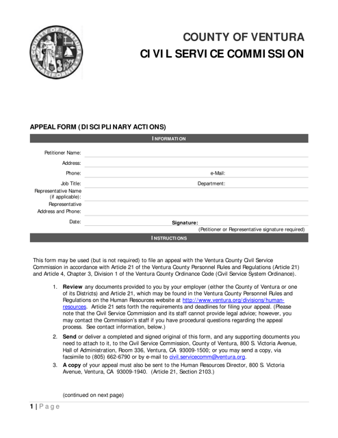 Appeal Form for Disciplinary Actions - County of Ventura, California Download Pdf