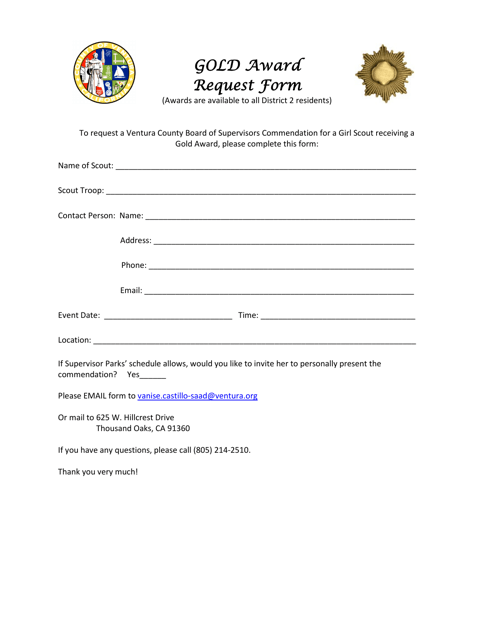 Gold Award Request Form - District 2 - County of Ventura, California Download Pdf