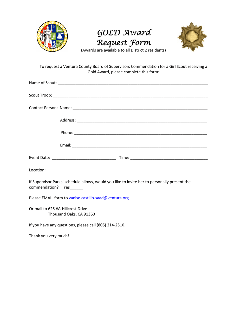 Gold Award Request Form - District 2 - County of Ventura, California, Page 1