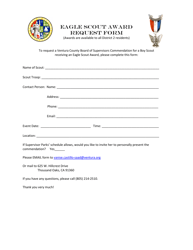 Document preview: Eagle Scout Award Request Form - District 2 - County of Ventura, California