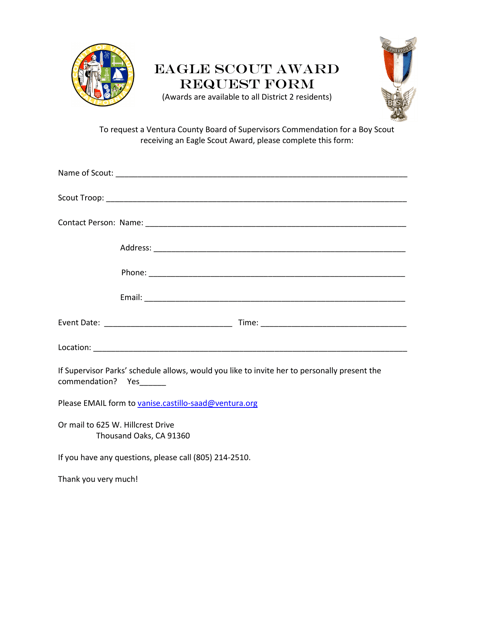 Eagle Scout Award Request Form - District 2 - County of Ventura, California