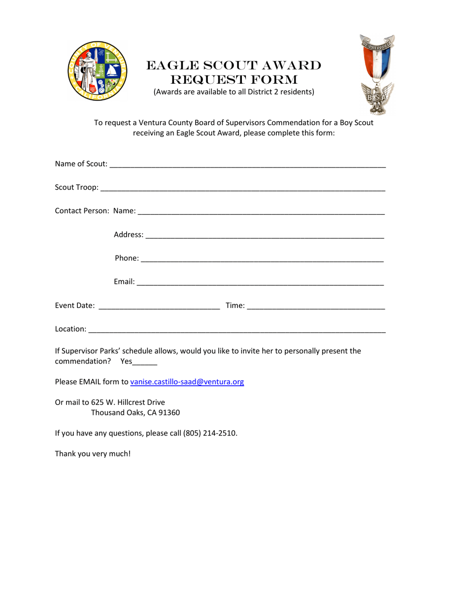 Eagle Scout Award Request Form - District 2 - County of Ventura, California, Page 1