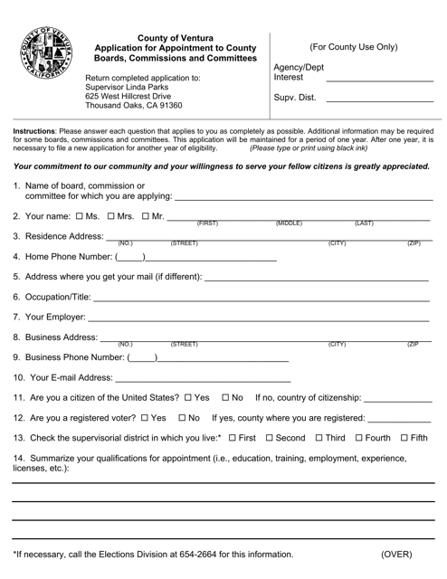 Application for Appointment to County Boards, Commissions and Committees - District 2 - County of Ventura, California Download Pdf
