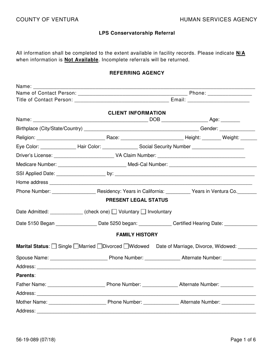 Form 56-19-089 Lps Conservatorship Referral - County of Ventura, California, Page 1