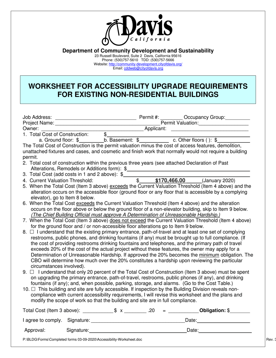Worksheet for Accessibility Upgrade Requirements for Existing Non-residential Buildings - City of Davis, California, Page 1