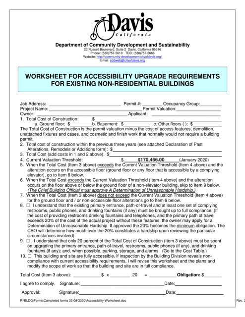Worksheet for Accessibility Upgrade Requirements for Existing Non-residential Buildings - City of Davis, California Download Pdf