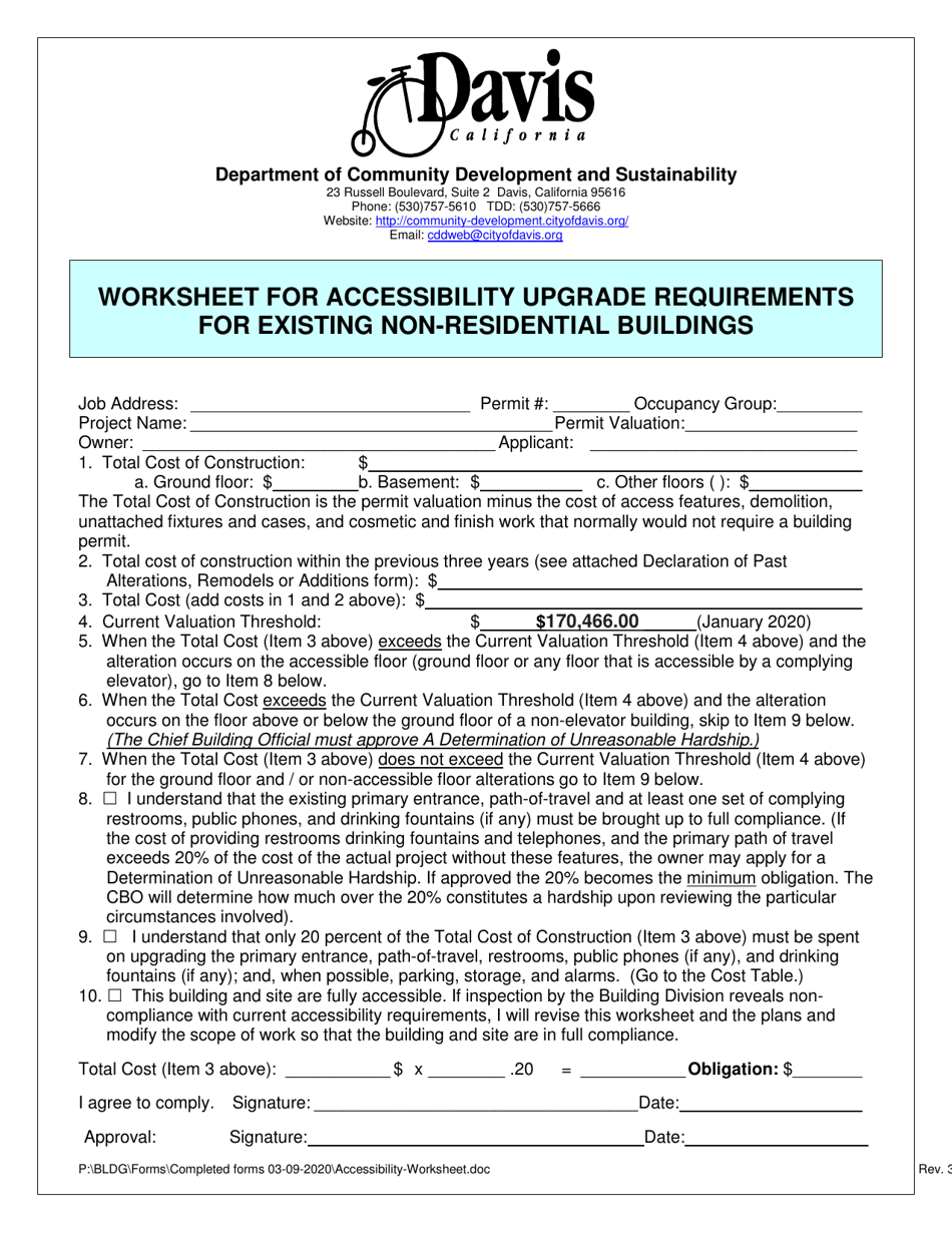 City of Davis, California Worksheet for Accessibility Upgrade Requirements for Existing Non
