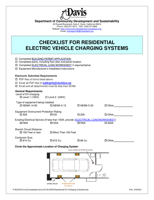 Checklist for Residential Electric Vehicle Charging Systems - City of Davis, California Download Pdf