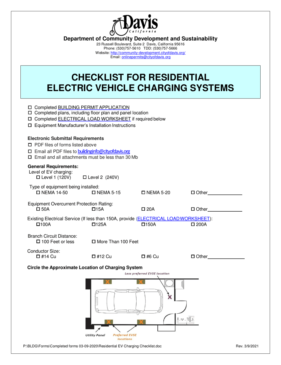 Checklist for Residential Electric Vehicle Charging Systems - City of Davis, California, Page 1