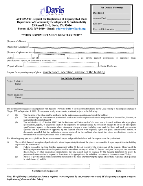 Affidavit Request for Duplication of Copyrighted Plans - City of Davis, California Download Pdf