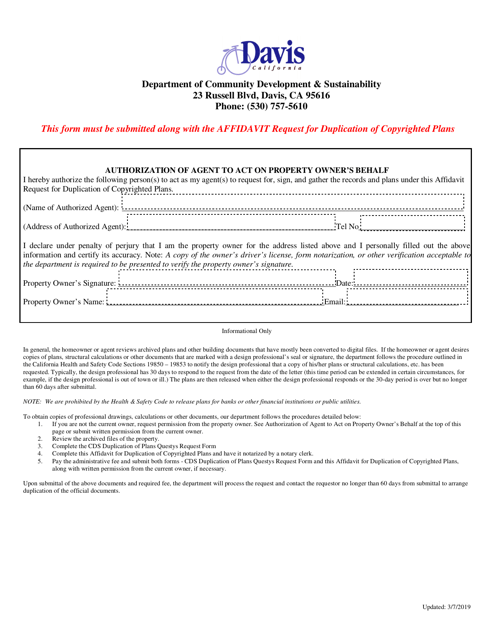Authorization of Agent to Act on Property Owner's Behalf - City of Davis, California Download Pdf