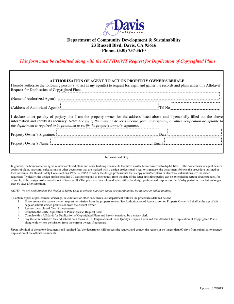 Authorization of Agent to Act on Property Owners Behalf - City of Davis, California, Page 1