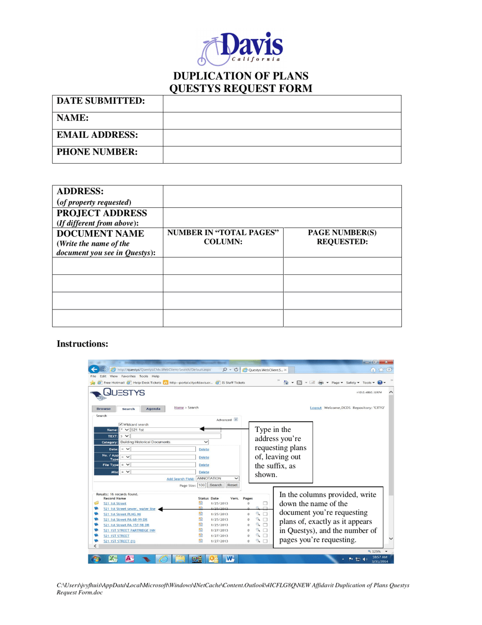 Duplication of Plans Questys Request Form - City of Davis, California, Page 1