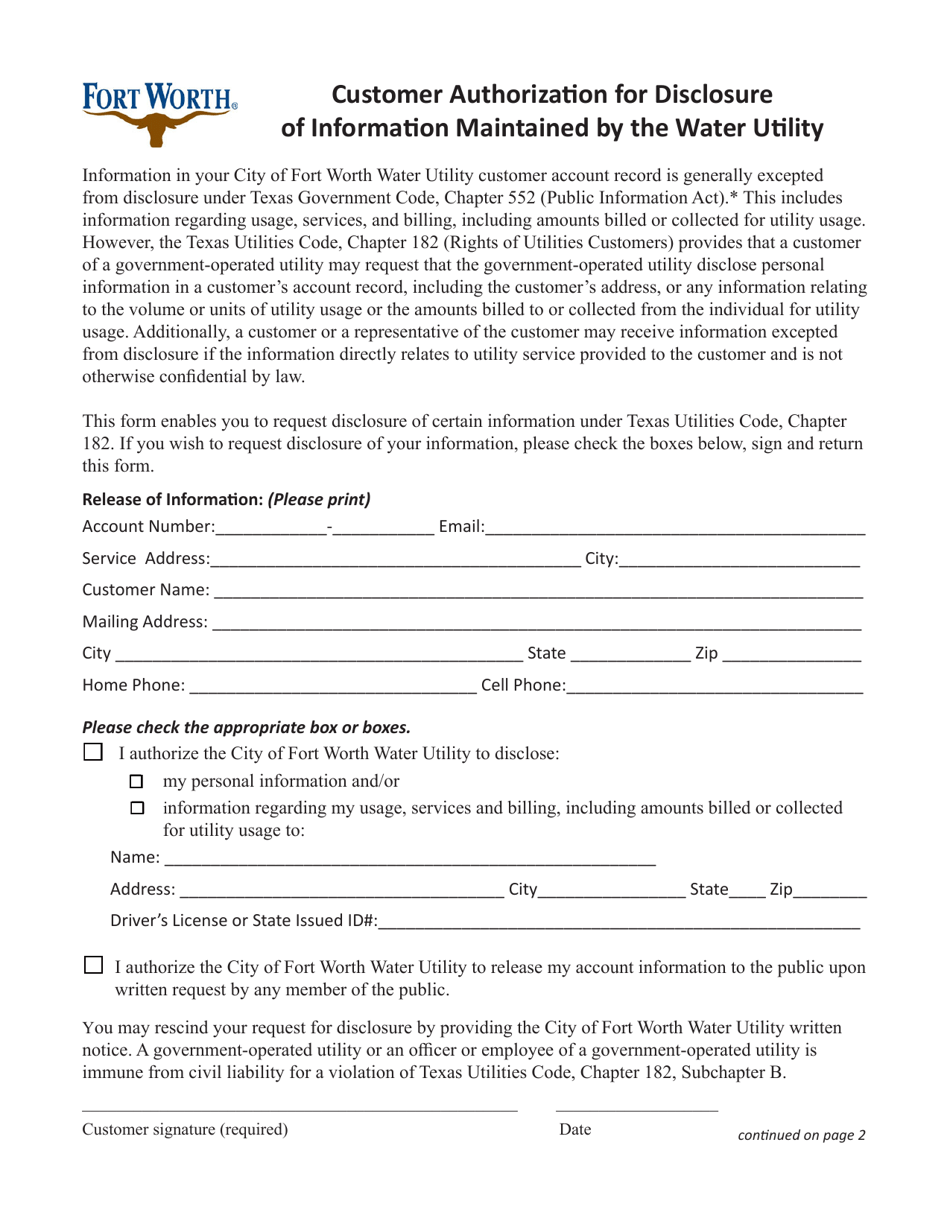 Customer Authorization for Disclosure of Information Maintained by the Water Utility - City of Fort Worth, Texas, Page 1
