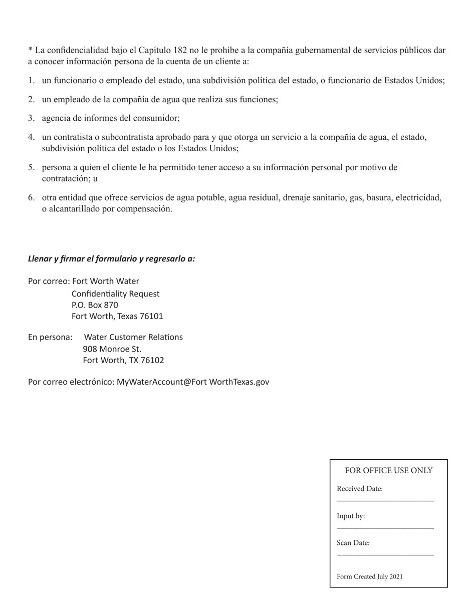 Autorizacion Para Dar a Conocer Informacion De Cliente Con La Que Cuenta La Compania De Agua - City of Fort Worth, Texas (Spanish), Page 2