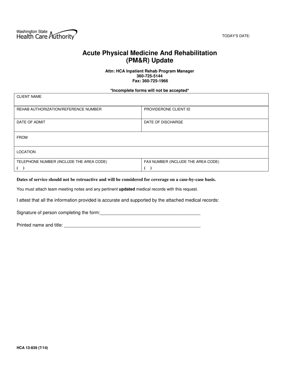 Form HCA13-839 Acute Physical Medicine and Rehabilitation (Pmr) Update - Washington, Page 1