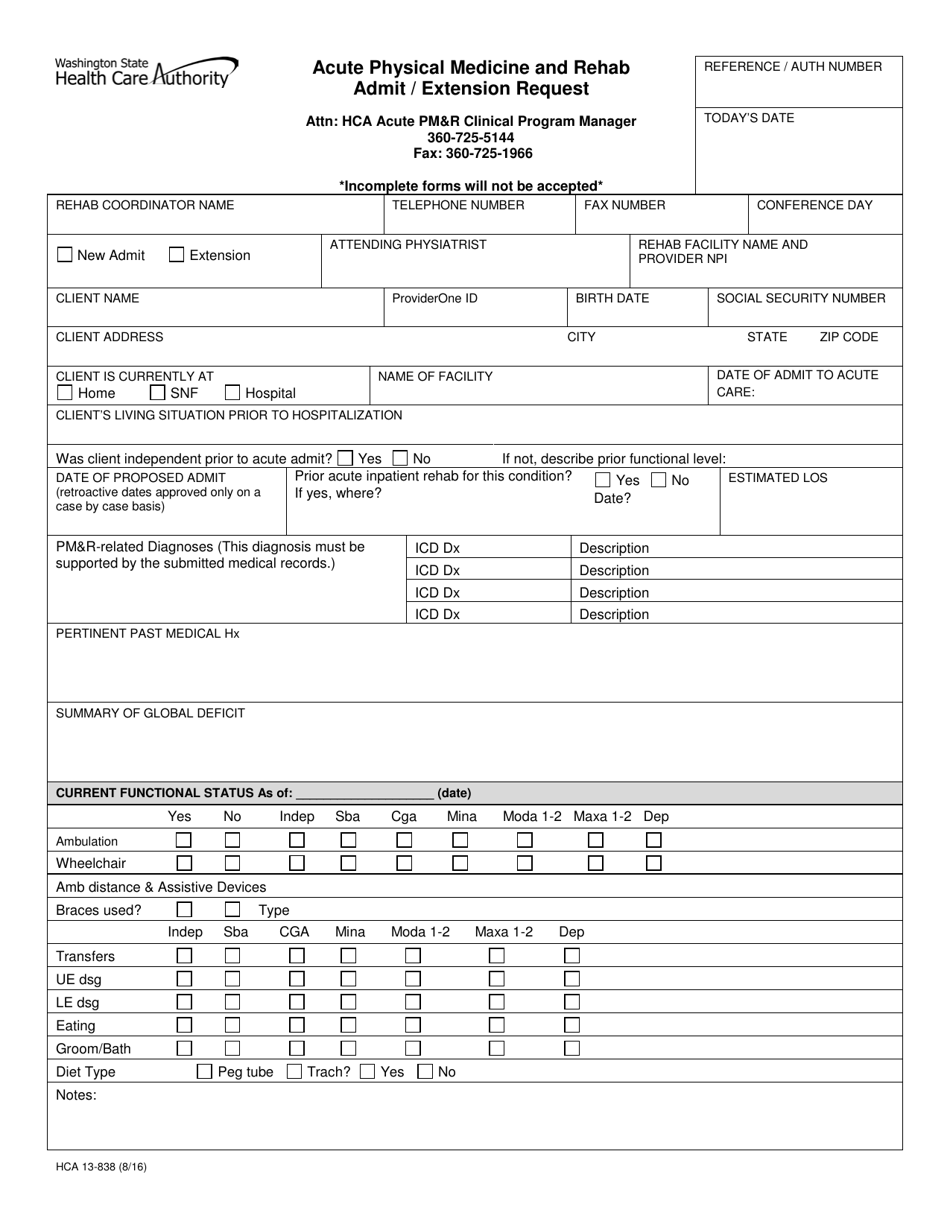 Form HCA13-838 Acute Physical Medicine and Rehab Admit / Extension Request - Washington, Page 1