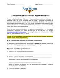 Application for Reasonable Accommodation - City of Fort Worth, Texas