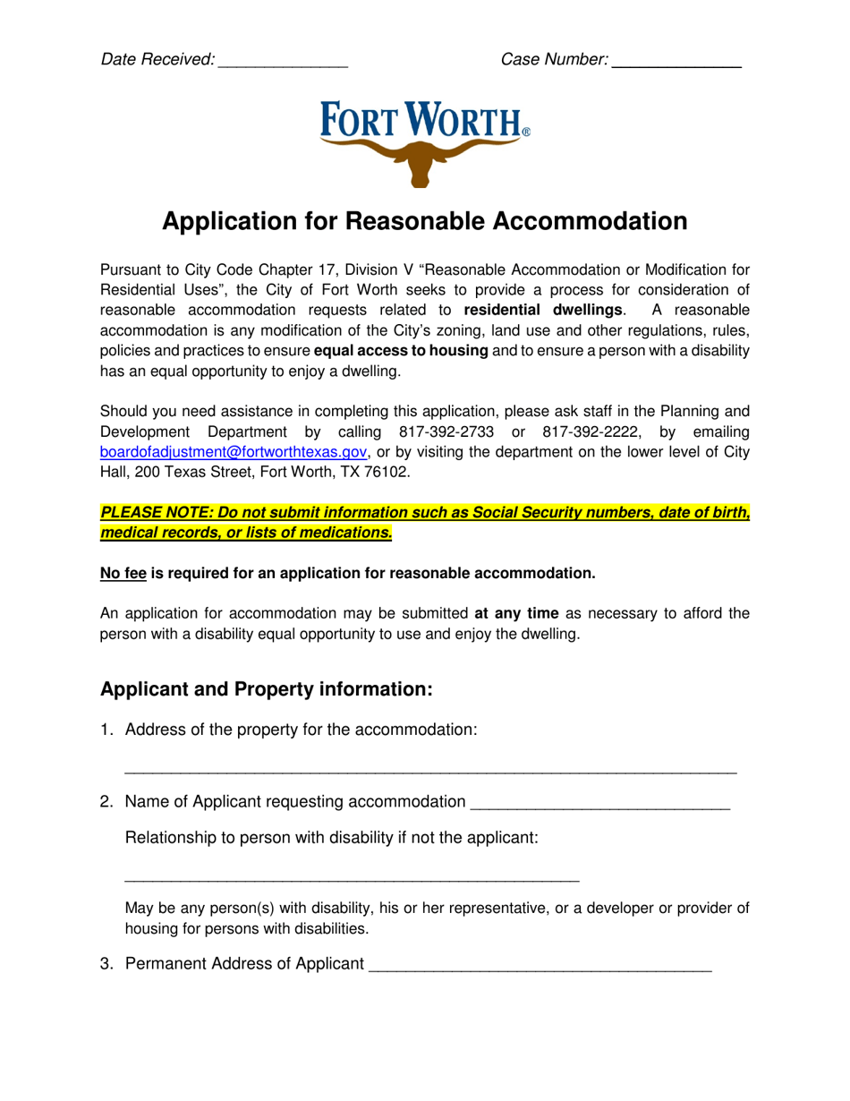 Application for Reasonable Accommodation - City of Fort Worth, Texas, Page 1