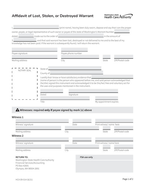 Form HCA09-014  Printable Pdf