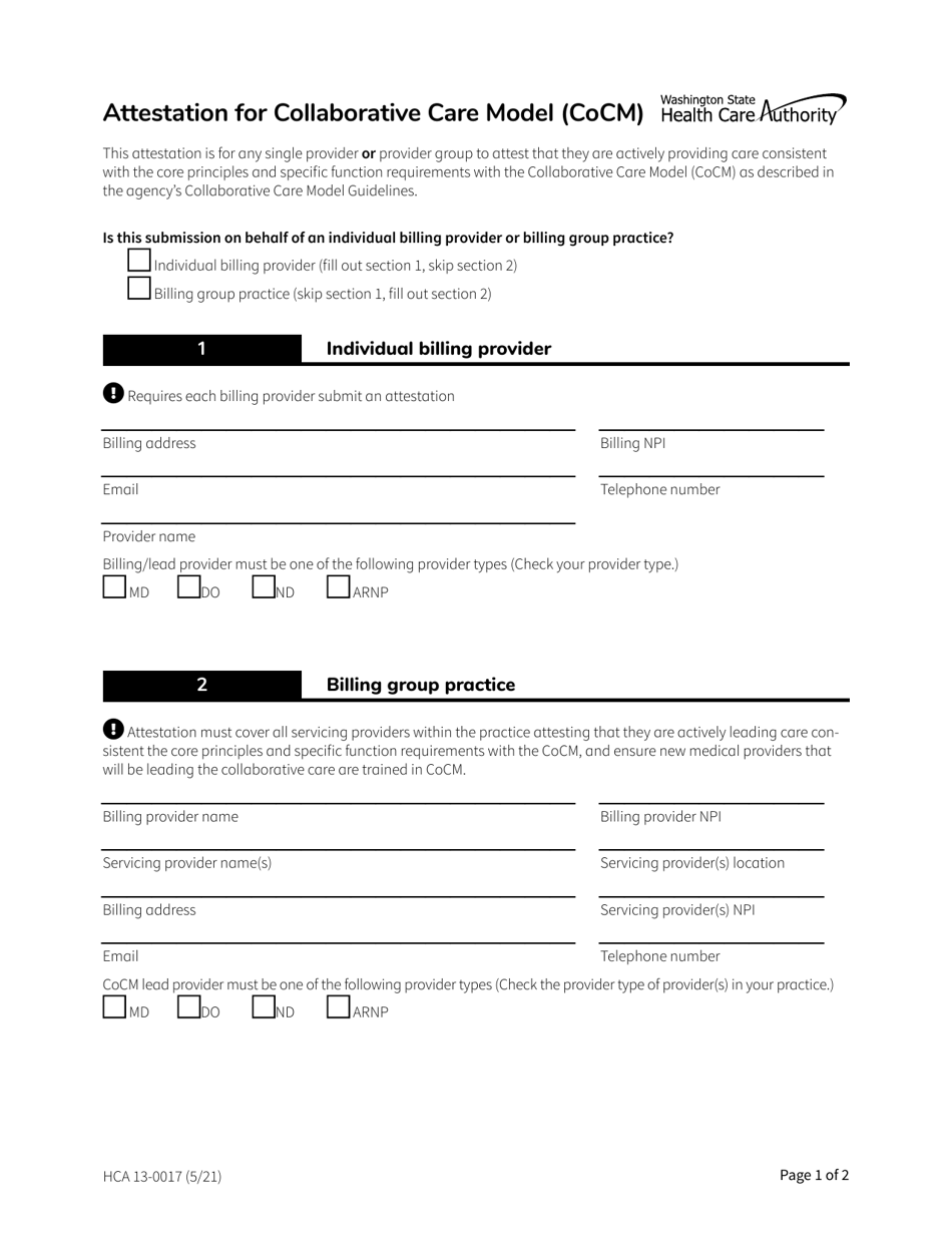 Form HCA13-0017 Attestation for Collaborative Care Model (Cocm) - Washington, Page 1