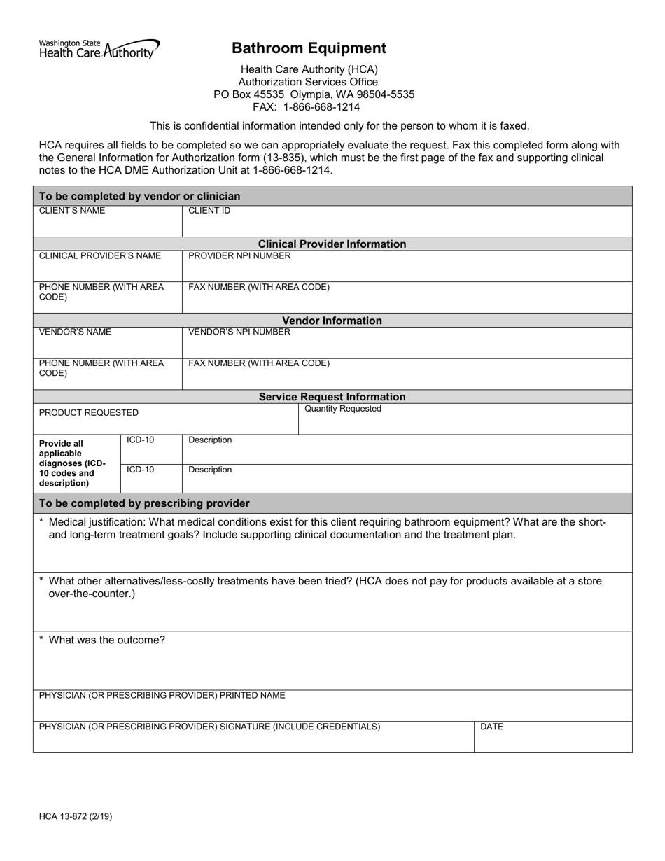 Form HCA13-872 Bathroom Equipment - Washington, Page 1