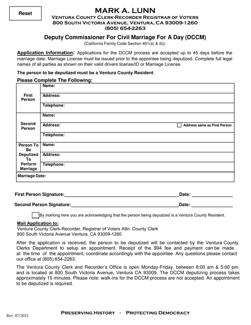 Application for Deputy Commissioner for Civil Marriage for a Day (Dccm) - Ventura County, California Download Pdf