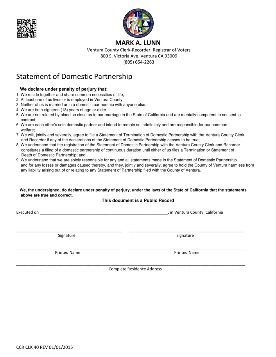 Form CCR CLK40 Statement of Domestic Partnership - Ventura County, California, Page 1