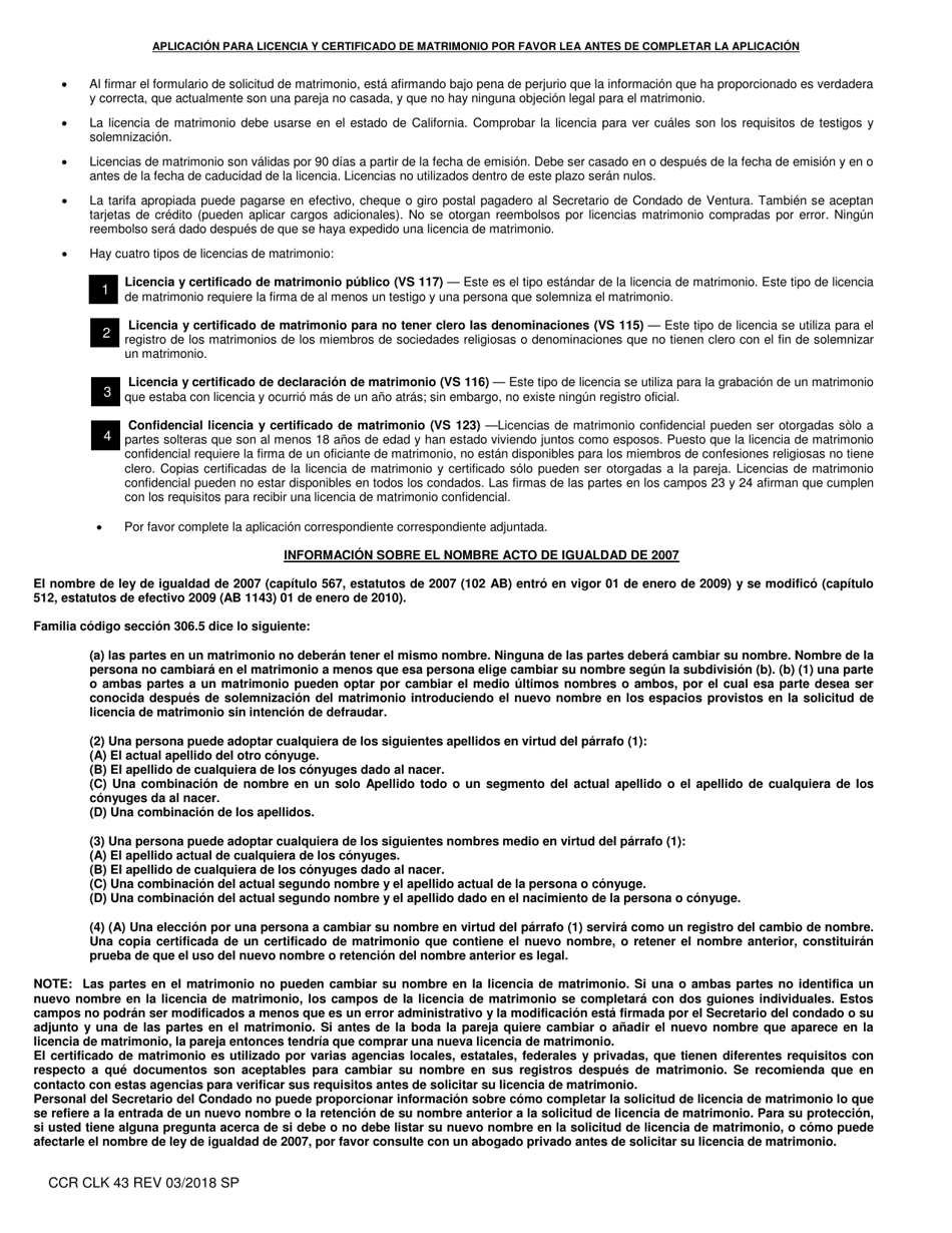 Formulario CCR CLK43 Solicitud De Licencia Publica De Matrimonio - Ventura County, California (Spanish), Page 1