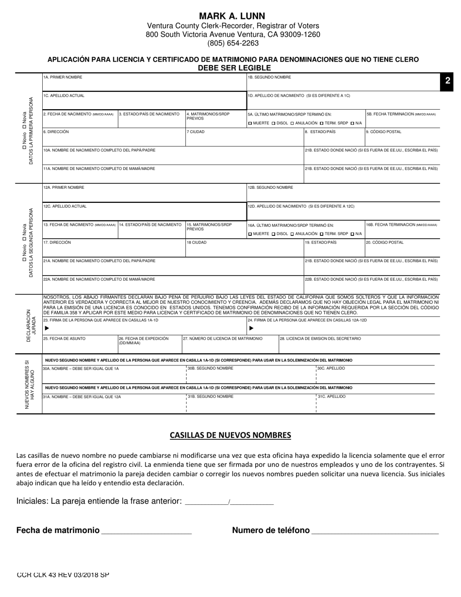 Formulario CCR CLK43 Solicitud De Licencia Publica De Matrimonio - Ventura County, California (Spanish), Page 3