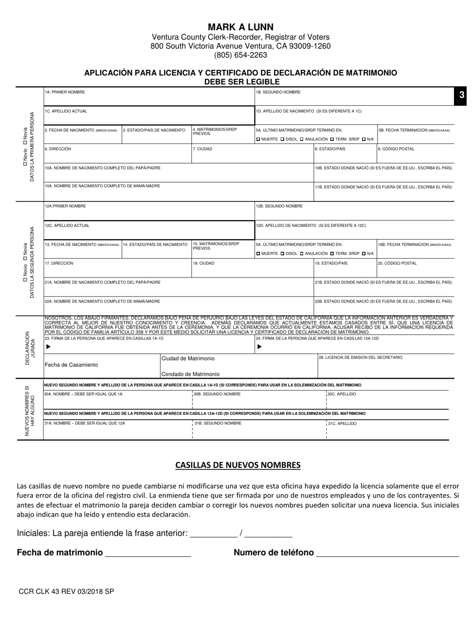 Formulario CCR CLK43 Solicitud De Licencia Publica De Matrimonio - Ventura County, California (Spanish), Page 4