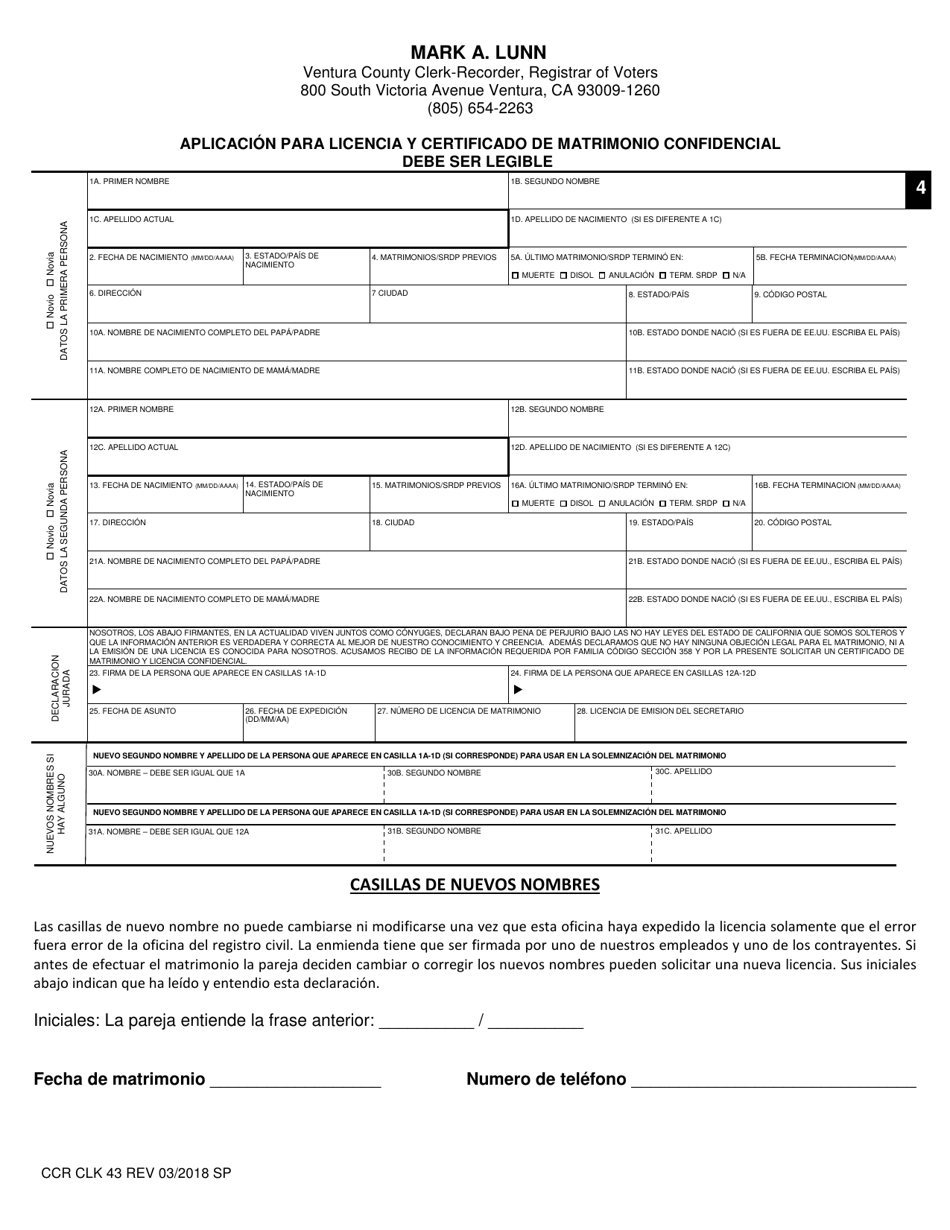 Formulario CCR CLK43 Solicitud De Licencia Publica De Matrimonio - Ventura County, California (Spanish), Page 5